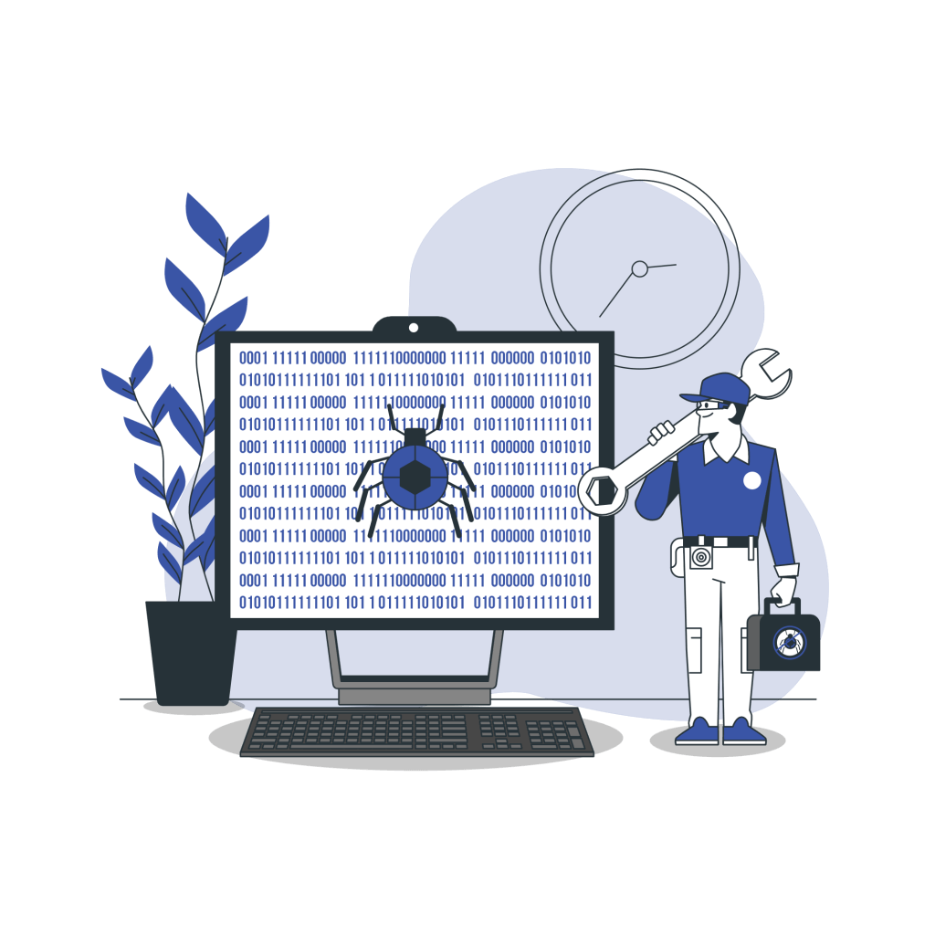 Graphisme bleuté représentant un technicien de maintenance avec caisse à outil dans la main gauche et clé plate sur l'épaule droite, à coté d'un écran de PC géant affichant des suites de bits et un gros insecte qui symbolise un bug. Ce graphisme illustre l'activité de maintenance de site web.