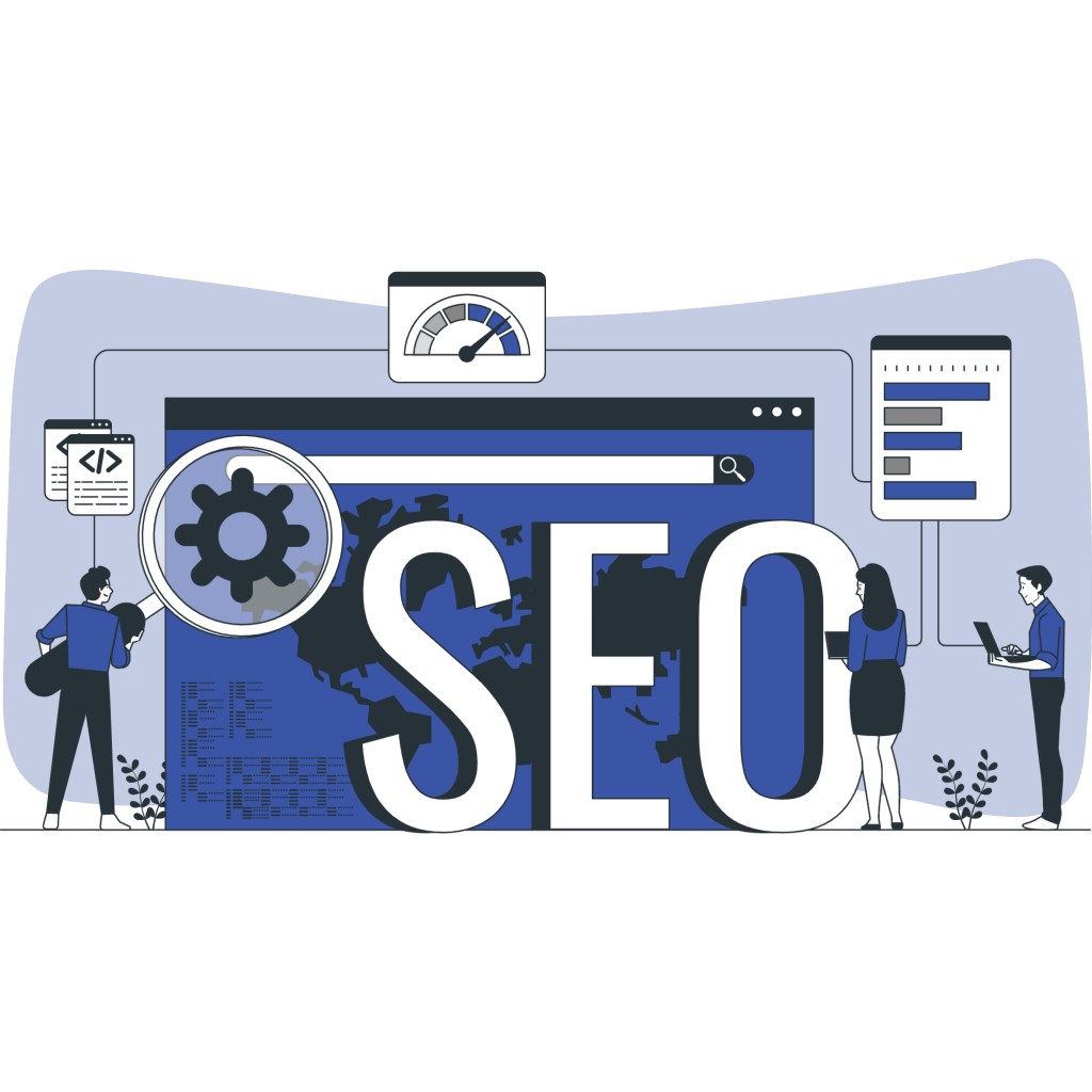 Graphisme bleuté représentant le mot SEO écrit en très gros devant un écran situé en fond. Un homme tient une loupe, tandis qu'une femme et un autre homme semblent procéder à des réglages avec leurs PC portables.