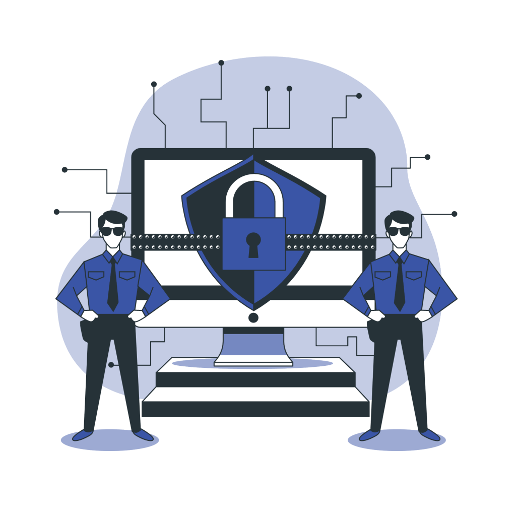 Graphisme bleuté représentant deux hommes de la sécurité, qui encadrent et surveillent un écran géant affichant un cadenas par dessus un bouclier.