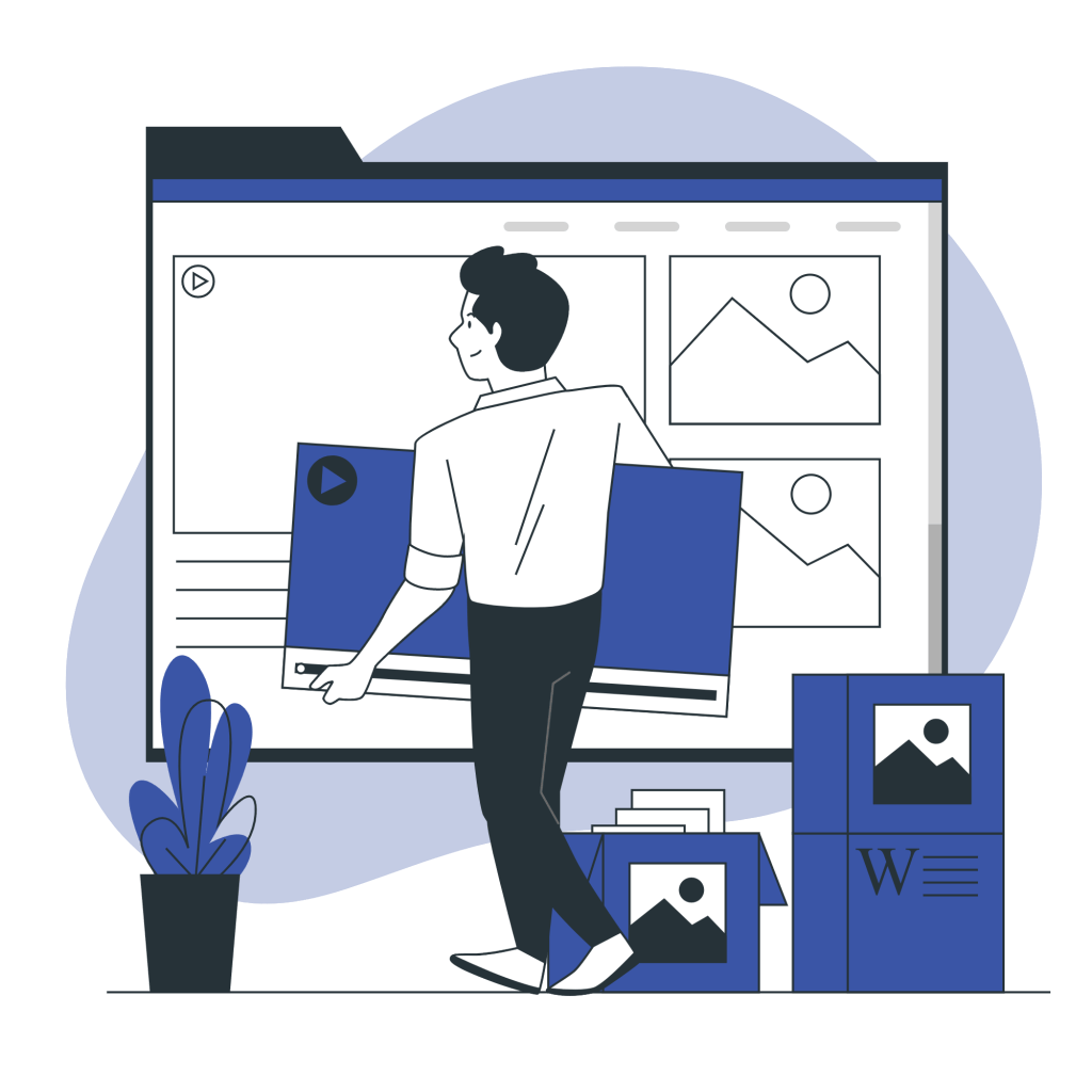 Graphisme bleuté représentant un homme qui porte sous le bras un iframe qu'il s'apprête à placer sur un grand écran de PC situé en fond. Ce graphisme illustre l'activité se support de site web.