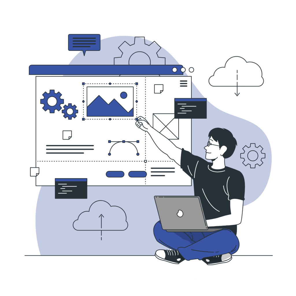 Graphisme bleuté représentant un homme assis en tailleur avec un PC sur les genoux, son bras droit est levé et semble manipuler les éléments d'un grand écran situé en arrière-plan.