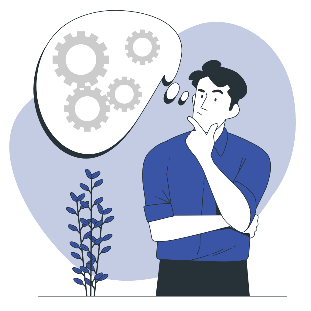 Graphisme bleuté représentant un jeune entrepreneur en pleine réflexion.