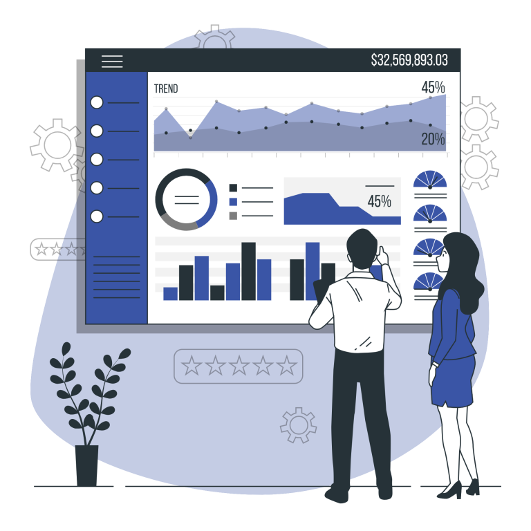 Graphisme bleuté pour la stratégie digitale représentant un homme et une femme en pleine réflexion devant un tableau avec plein d'indicateurs.